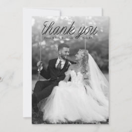 Cartão De Agradecimento Ribbon Black Script Top Minimalist Wedding Photo