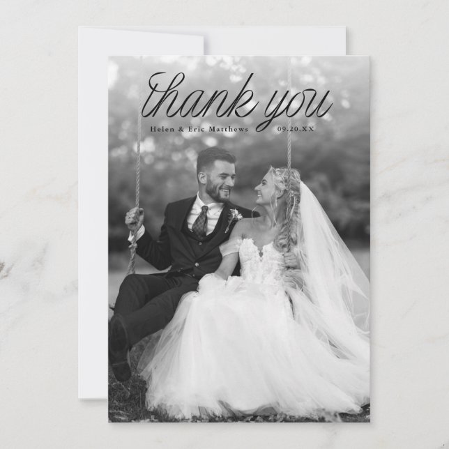Cartão De Agradecimento Ribbon Black Script Top Minimalist Wedding Photo  (Frente)