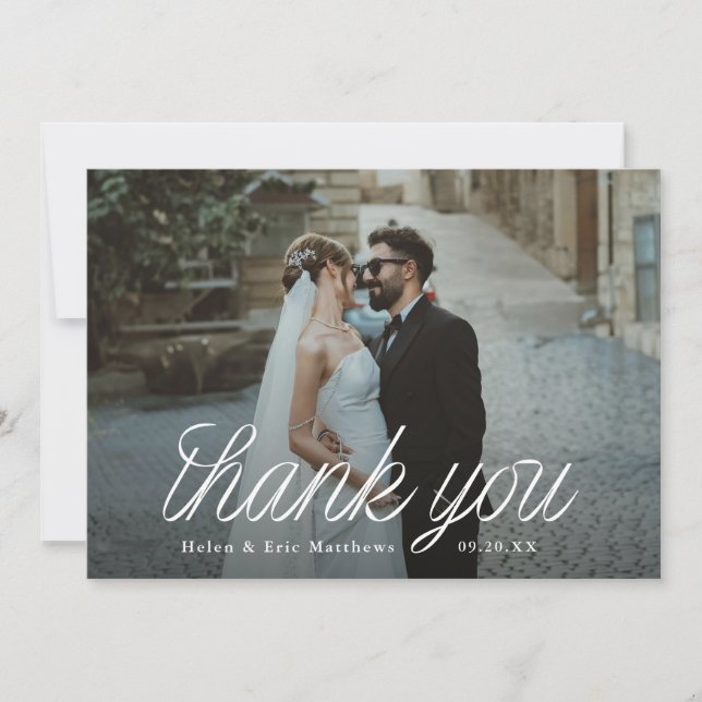 Cartão De Agradecimento Ribbon Script Minimalist Wedding Photo  (Frente)