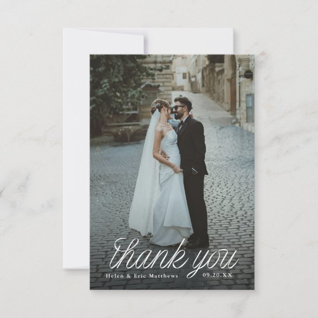 Cartão De Agradecimento Ribbon Script Minimalist Wedding Photo Small (Frente)