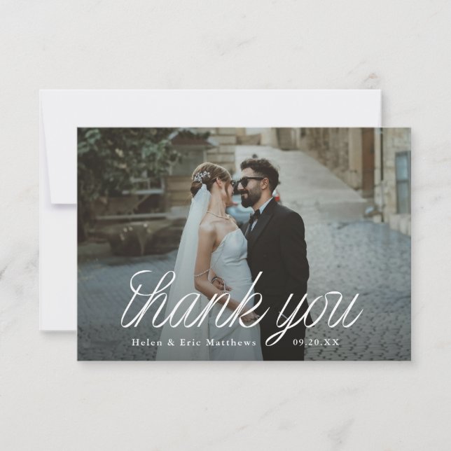 Cartão De Agradecimento Ribbon Script Minimalist Wedding Photo Small (Frente)