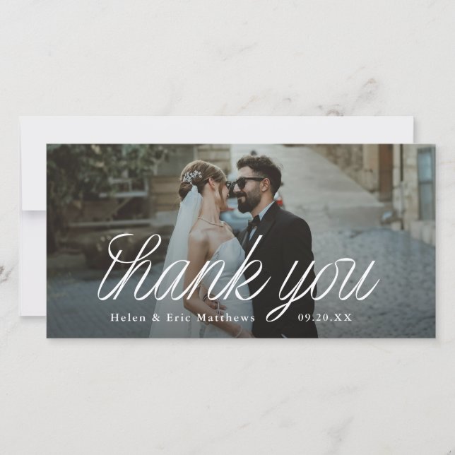 Cartão De Agradecimento Ribbon Script Minimalist Wedding Photo Tall (Frente)