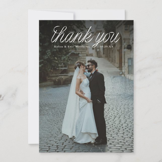Cartão De Agradecimento Ribbon Script Top Minimalist Wedding Photo  (Frente)