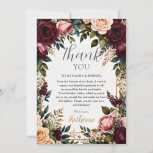 Cartão De Agradecimento Rico Burgundy e Blush Floral de Aniversário Vintag