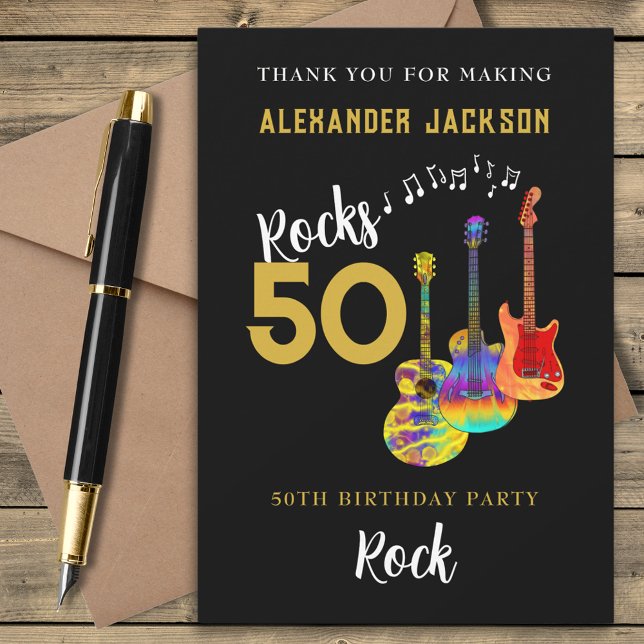 Cartão De Agradecimento Rock and Roll 50th Festa de aniversário Obrigado (Rock and roll 50th birthday party thank you card funky guitars cool gold typography on black)