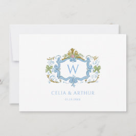Cartão De Agradecimento Rococo Azul Brasão de Monograma Casamento