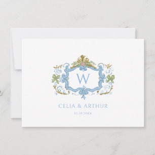 Cartão De Agradecimento Rococo Azul Brasão de Monograma Casamento