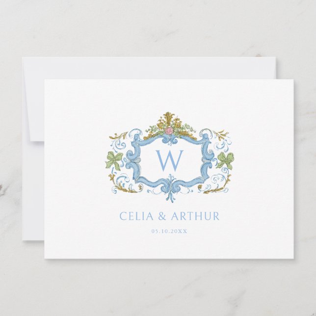 Cartão De Agradecimento Rococo Blue Monogram Crest Wedding  (Frente)