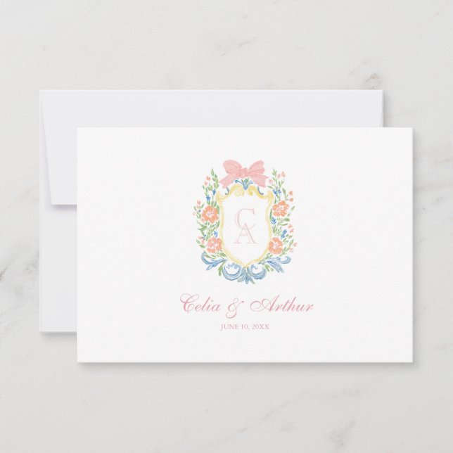 Cartão De Agradecimento Rococo Floral Monogram Crest Wedding (Frente)