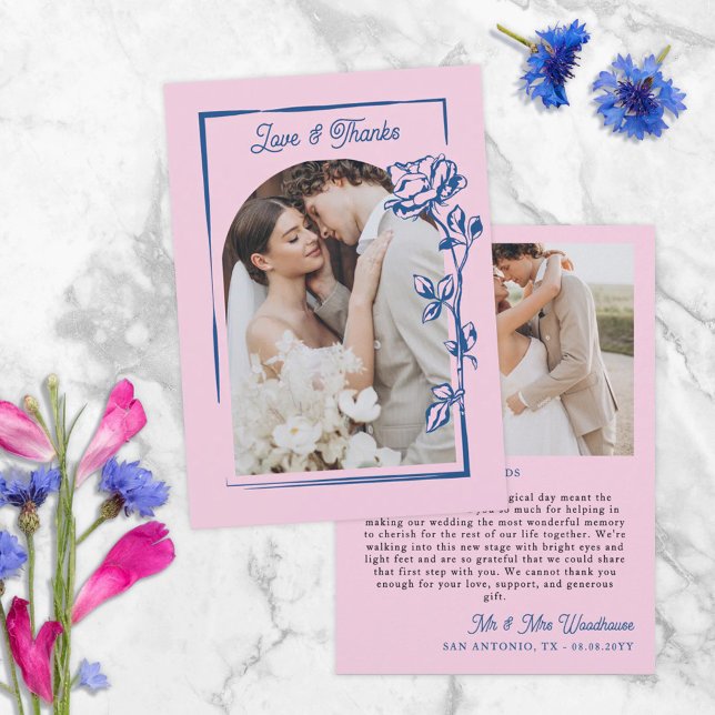 Cartão De Agradecimento Romantic Blue Pink Rose Illustration Photo Wedding (Criador carregado)