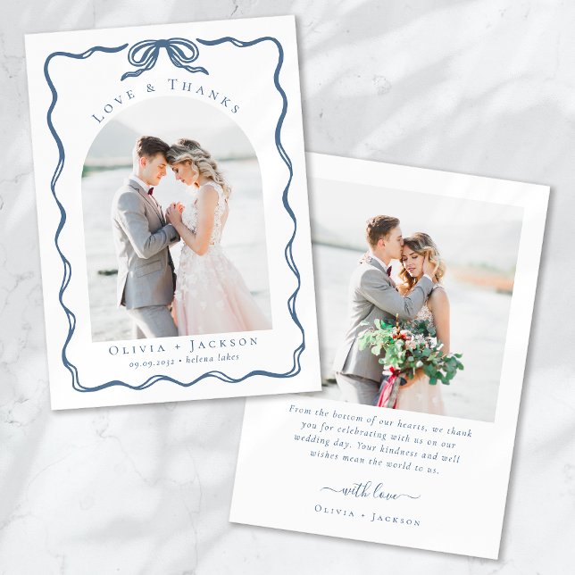 Cartão De Agradecimento Romantic Doodle Coquette Bow Blue Wedding Photo (Criador carregado)