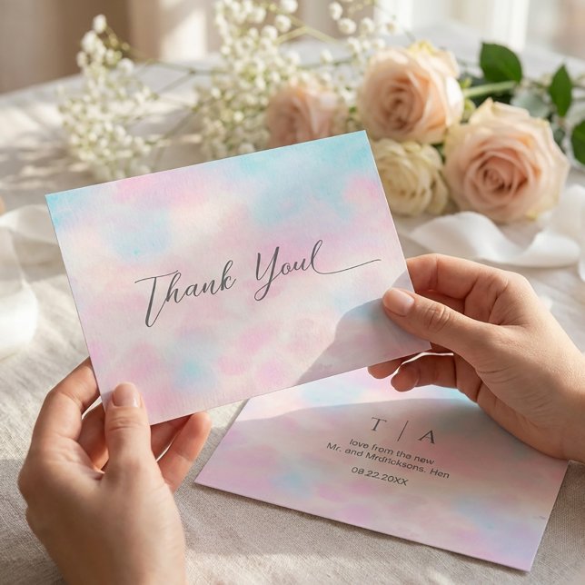 Cartão De Agradecimento Romantic Pastel Thank You Card – Soft Pink & Blue  (#WeddingThankYouCard
#PastelWedding
#RomanticWedding
#BlushAndBlue
#WatercolorWedding
#ElegantStatio)