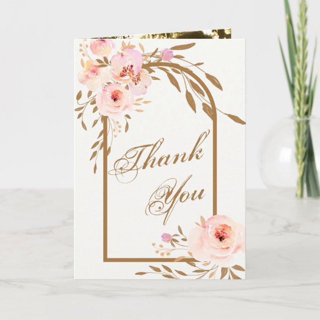 Cartão De Agradecimento Romantic Pink Blush Gold Floral Wedding Photo (Frente)