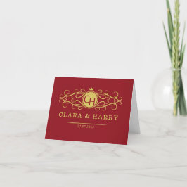 Cartão De Agradecimento Romantic red gold elegant monogramme wedding
