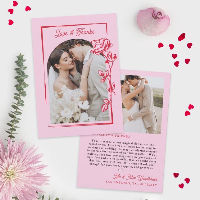 Cartão De Agradecimento Romantic Red Pink Rose Illustration Love & Thanks (Criador carregado)