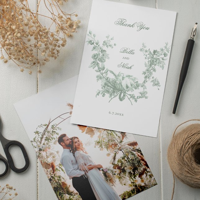 Cartão De Agradecimento Romantic Sage Floral Wreath w/Lovebirds Wedding (Criador carregado)