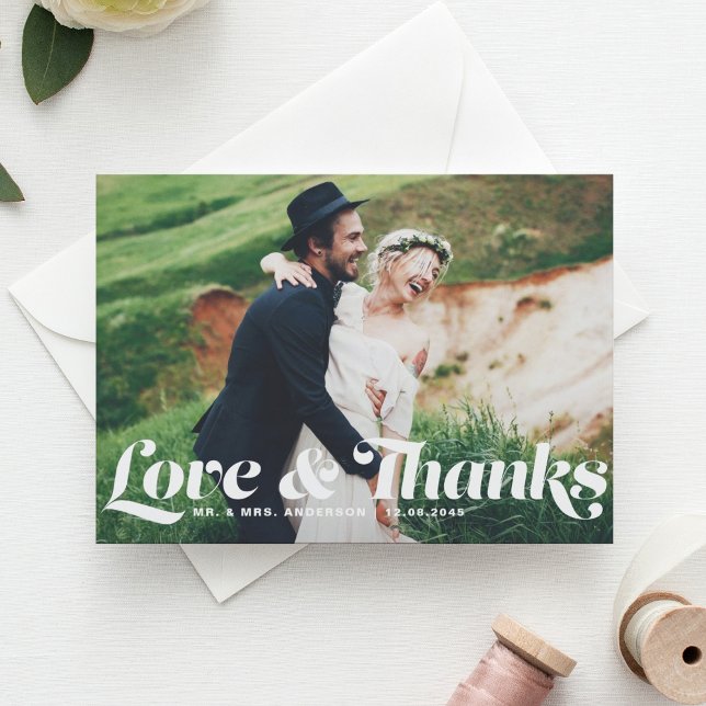 Cartão De Agradecimento Romantic Script Wedding Photo Thank You Card (Criador carregado)