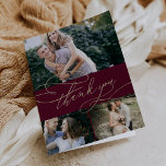 Cartão De Agradecimento Romântica Borgonha e Dourada 3 Foto Colagem Casame<br><div class="desc">Este delicado cartões de agradecimentos de colagem com burgundy 3, com caligrafia dourada, é perfeito para um casamento simples. O clássico moderno design apresenta espirais ricos e turbilhões brancos com lindíssima e elegante tipografia de ouro falso em champanhe num fundo vermelho arrojado. Personalize o dentro da placa com seus nomes...</div>