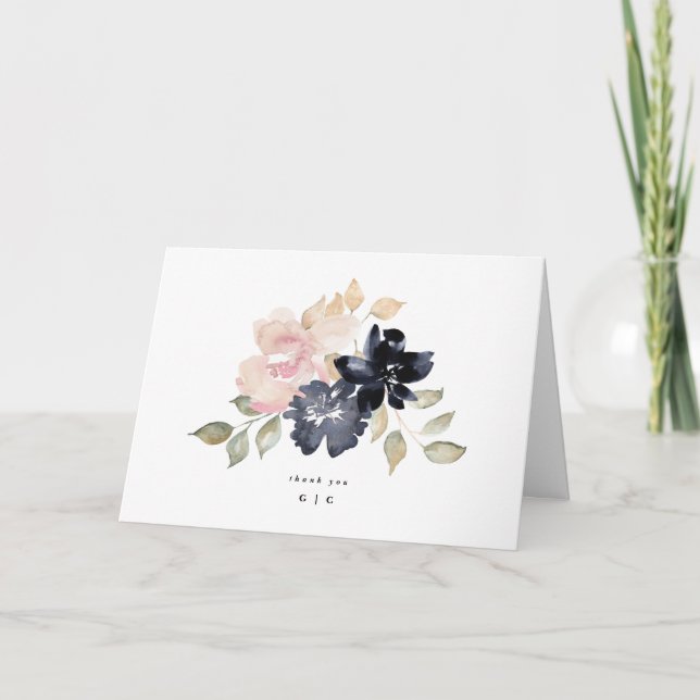 Cartão De Agradecimento Romântica Marinho de Aquarela Florais Dobrados (Frente)