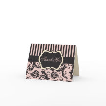 Cartão de Agradecimento Rosa Bege, Creme e Damask 