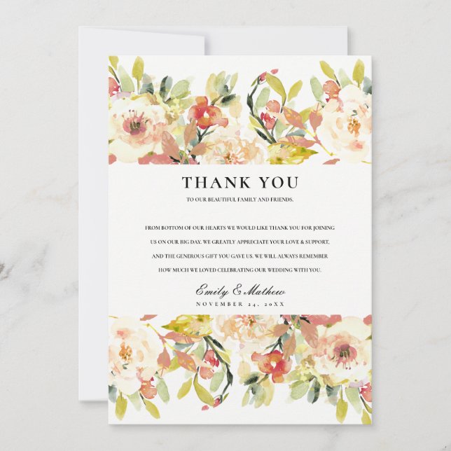 Cartão De Agradecimento ROSA BEGE SUTIL EM Aquarela FLORAL CASAMENTO (Frente)