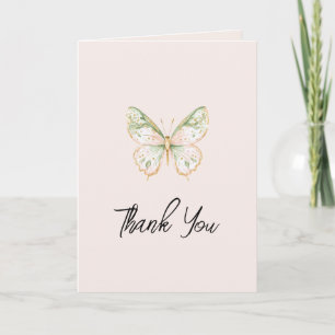 Cartão De Agradecimento Rosa Bege Verde Menta Dourado Borboleta Amor