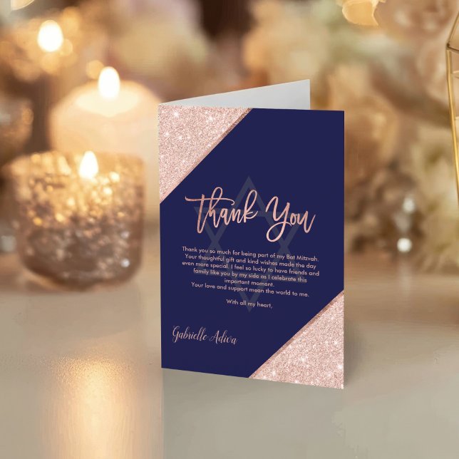 Cartão De Agradecimento Rosa Chic Dourado Marinho Azul Bat Mitzvah (Elegant Chic Rose Gold Navy Blue Bat Mitzvah Thank You Card)
