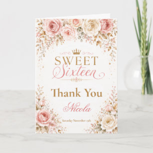 Cartão De Agradecimento Rosa Corado e Champagne Sweet Sixteen