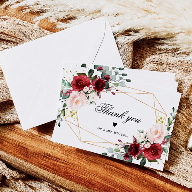 Cartão De Agradecimento Rosa de Blush Pink e Borgonha (Criador carregado)