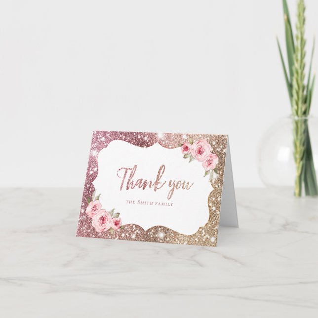 Cartão De Agradecimento Rosa de brilho dourado e obrigado floral (Frente)