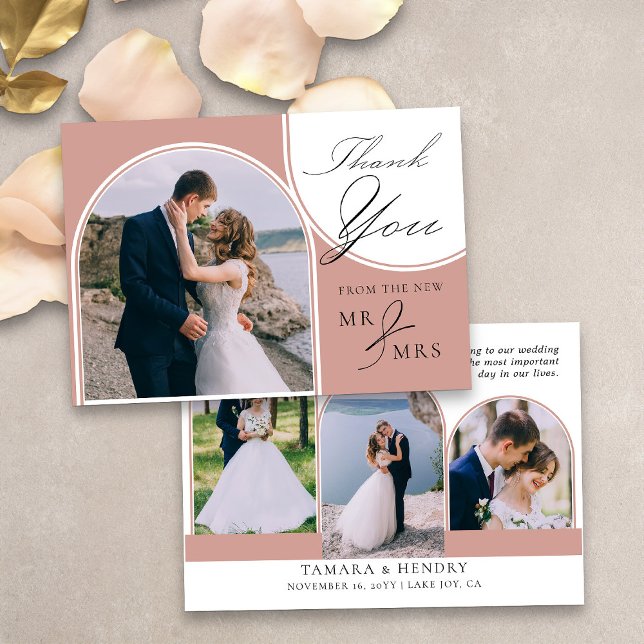 Cartão De Agradecimento Rosa de Caligrafia Elegante com Fotografias Múltip (Arched multi photo thank you card in rose gold from my Wedding Colors collection)