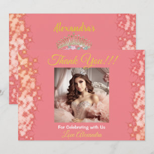 Cartão De Agradecimento Rosa de espumante Dourada Quinceañera Princesa Esp