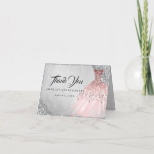 Cartão De Agradecimento Rosa Dourada Prata Diamond Sparkle Gown Quinceaner
