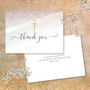 Cartão De Agradecimento Rosa Dourado Brilho Dourado Crucifixo Script