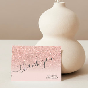 Cartão De Agradecimento Rosa dourado faux glitter pink mbre obrigado scrip