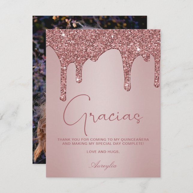 Cartão De Agradecimento Rosa Dourado Glitter Drives Quinceanera Foto Graci (Frente/Verso)