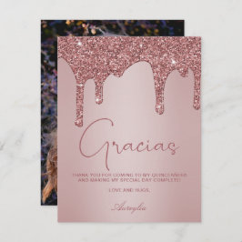Cartão De Agradecimento Rosa Dourado Glitter Drives Quinceanera Foto Graci