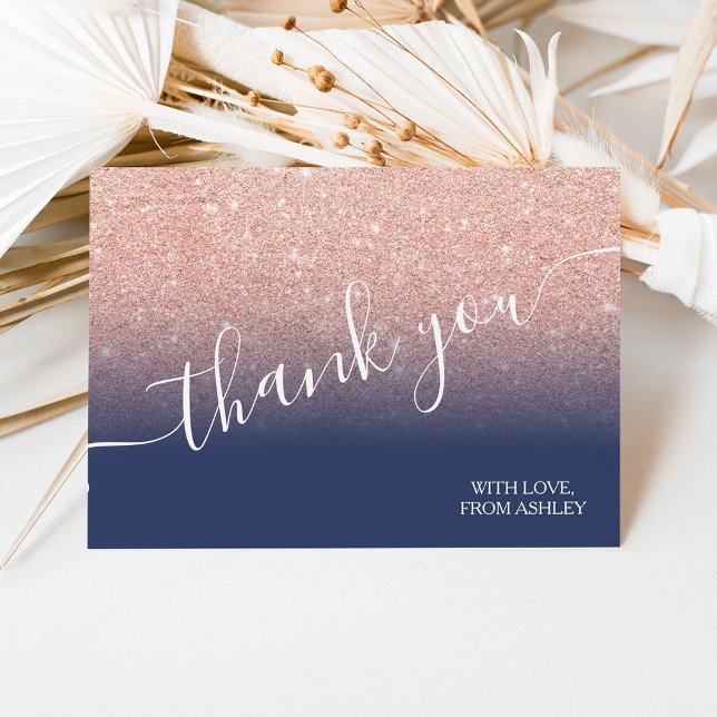 Cartão De Agradecimento Rosa dourado glitter marinho azul mbre obrigado (Criador carregado)