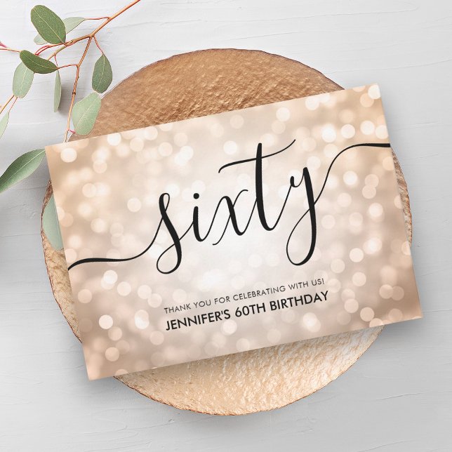 Cartão De Agradecimento Rosa Dourado Luzes Brilhantes 60º Aniversário Obri (Rose Gold Glitter Lights 60th Birthday Thank You)