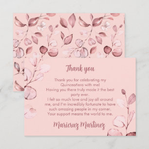Cartão De Agradecimento Rosa Dourado Pink Botânico Quinze Anos