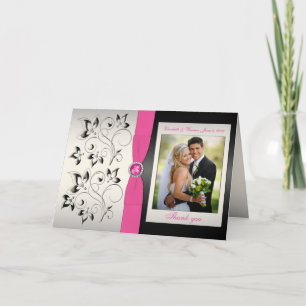 Cartão de agradecimento rosa e preto com foto