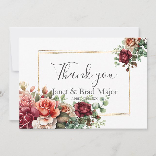 Cartão De Agradecimento Rosa Floral Eucalyptus Weding Obrigado (Frente)