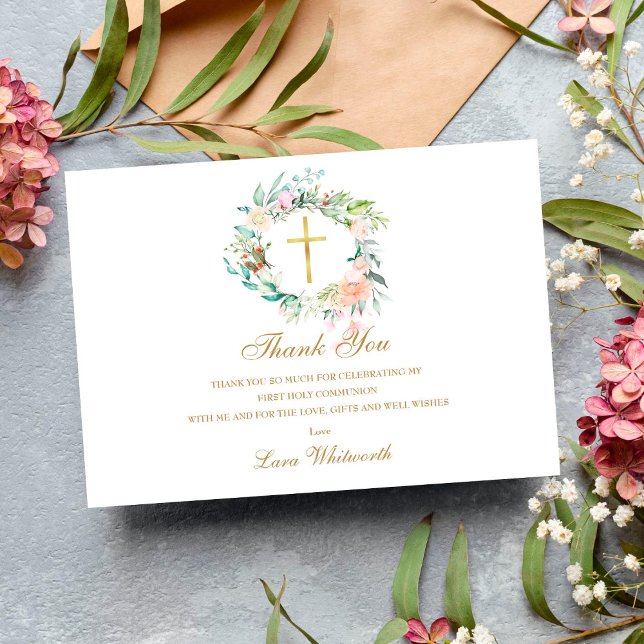 Cartão De Agradecimento Rosa Floral Garland Dourada Primeira Comunhão Sagr (Criador carregado)