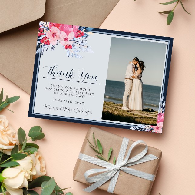 Cartão De Agradecimento Rosa Floral Gracioso e Azul Estofado (Criador carregado)