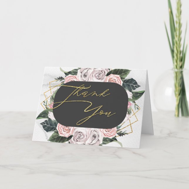 Cartão De Agradecimento Rosa Floral Rosa e Dourado em Aquarela (Frente)