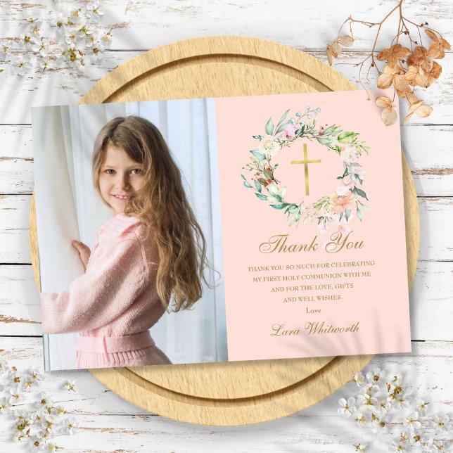 Cartão De Agradecimento Rosa Garland Floral First Santa Foto Comunitária (Rose Garland Floral First Holy Communion Photo Thank You Card)