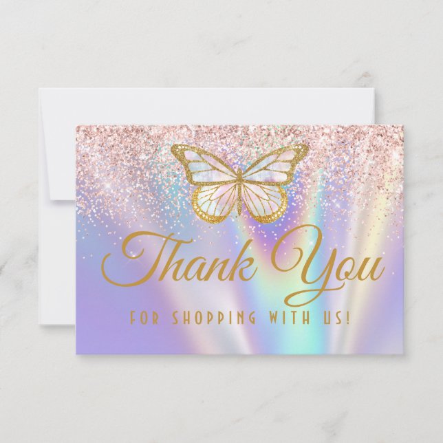 Cartão De Agradecimento Rosa Lilás Pastel Feminino Borboleta Glitter Purpu (Frente)