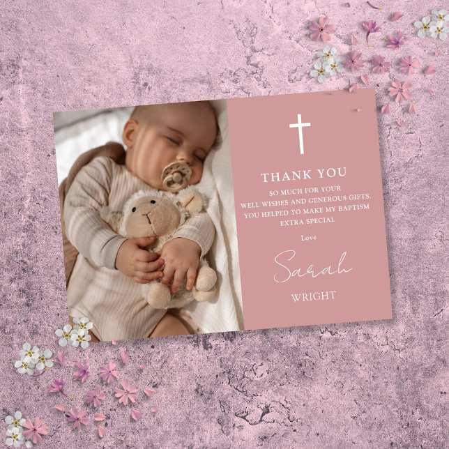 Cartão De Agradecimento Rosa Pó Moderno Script Foto Batismo Batizado (Dusty Rose Script Modern Photo Baptism Christening Thank You Card)