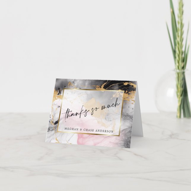 Cartão De Agradecimento Rosa preto-e-Dourada marmoreado (Frente)