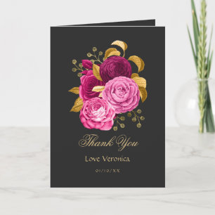Cartão De Agradecimento Rosa Quente e Floral Dourado